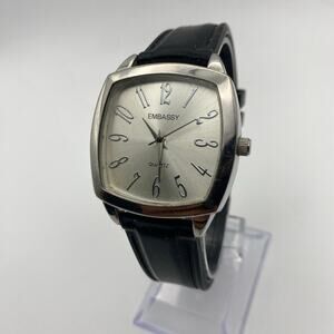Embassy Silvertone Case Black Silicone Band Watch Working New Battery